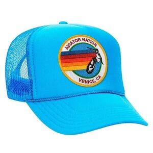 Aviator Nation Neon Blue Mesh Trucker Hat Cap with Rainbow Logo Patch
